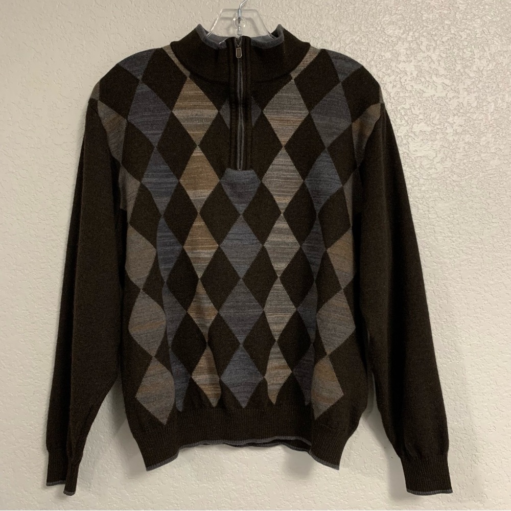 Vtg 90s St Croix Sweater Mens L Wool Argyle Diamond Print 1/4 Zip Mock Brown